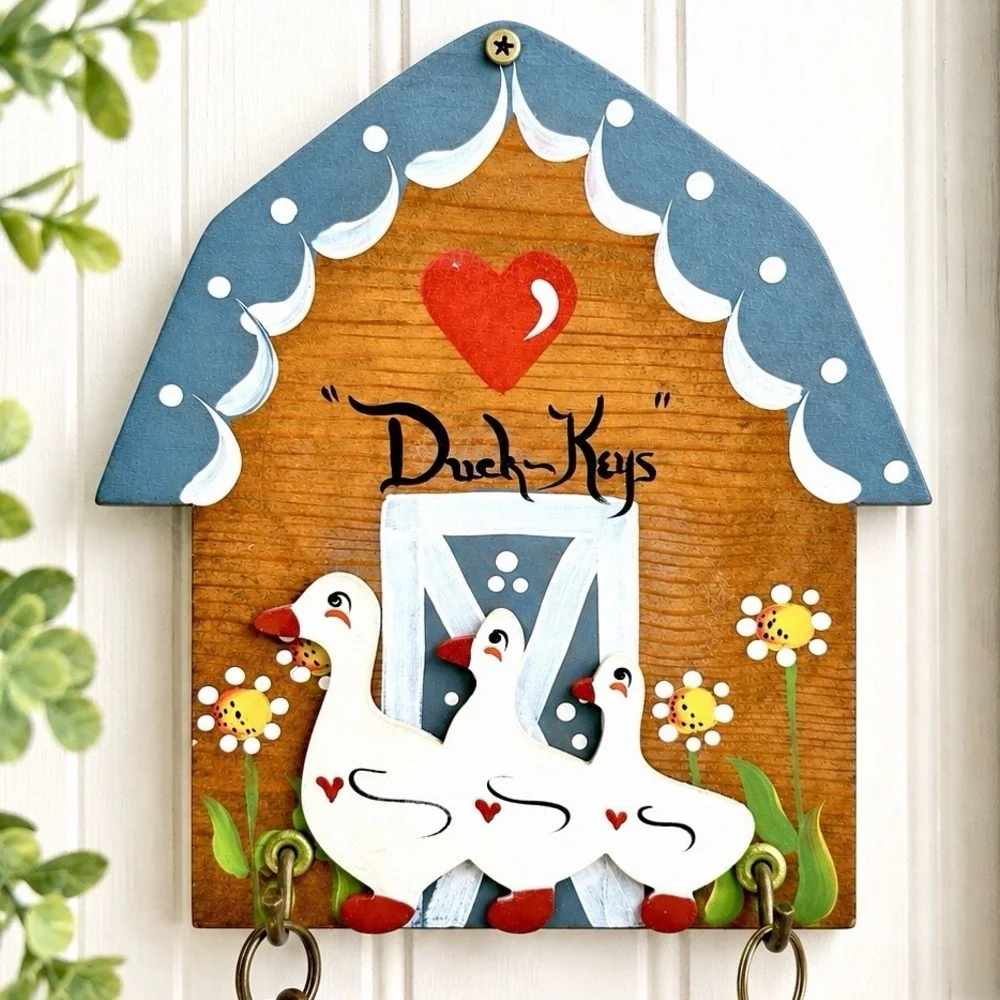 Hand Painted Wood Duck Key Holder Wall Plaque Folk Art Farmhouse Cottage 2 Hooks